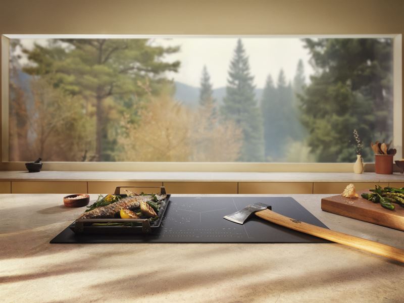 Still image from the Electrolux campaign showing a cooktop and mountain view