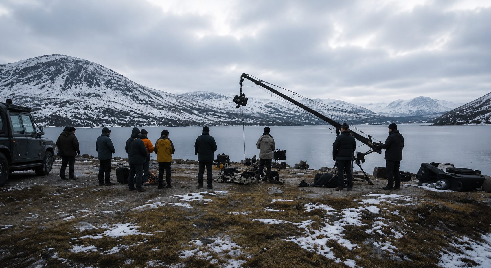 Film crew and camera crane on a winter lakeside location