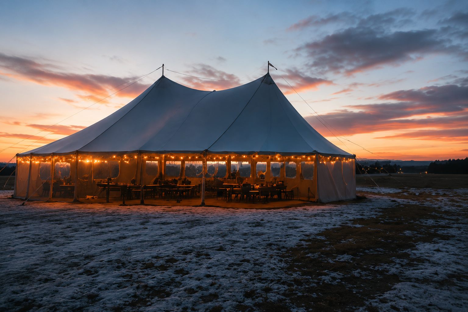 Event tent in winter evening light