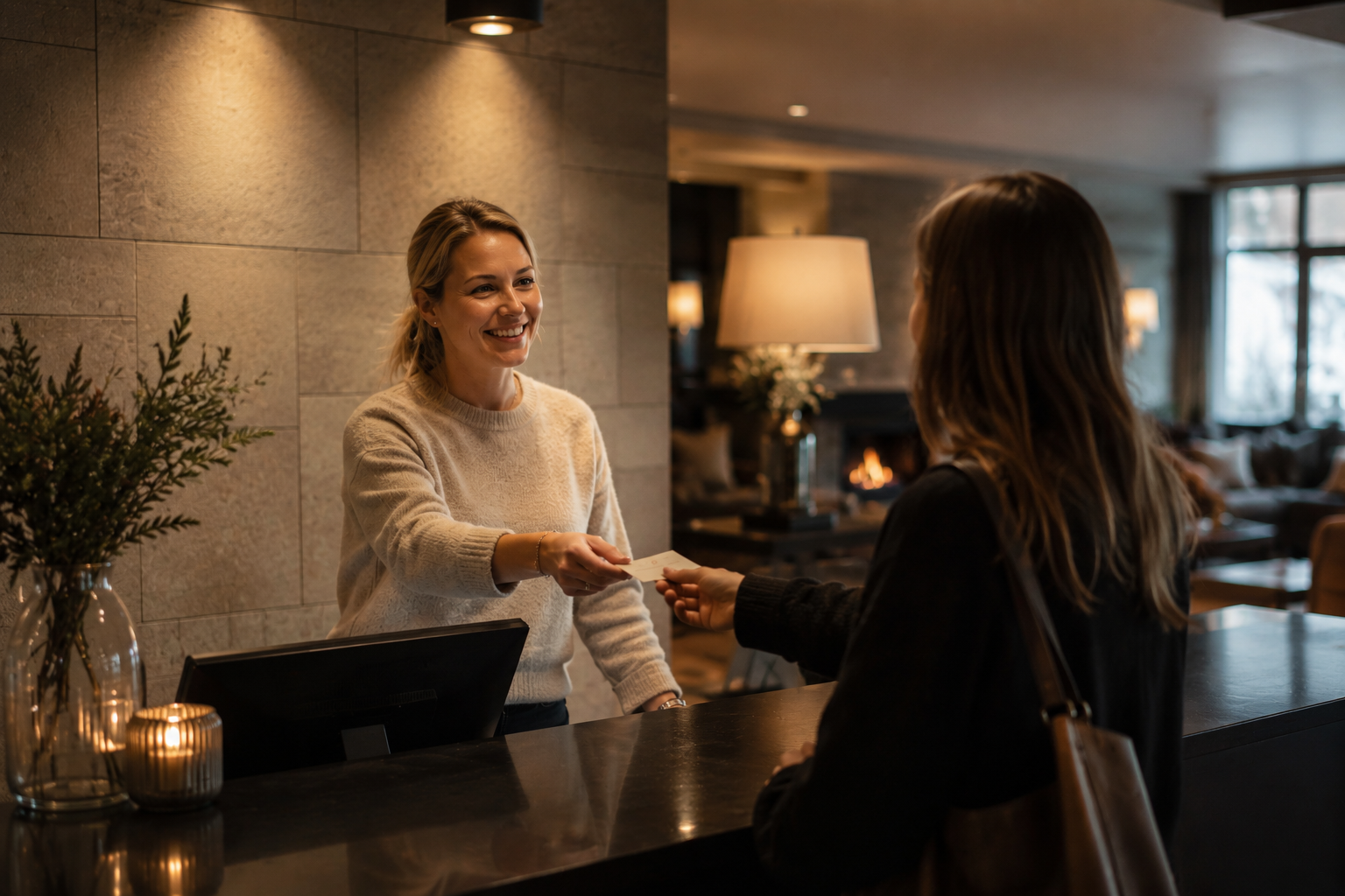 Hotel reception service in a warm mountain lodge setting