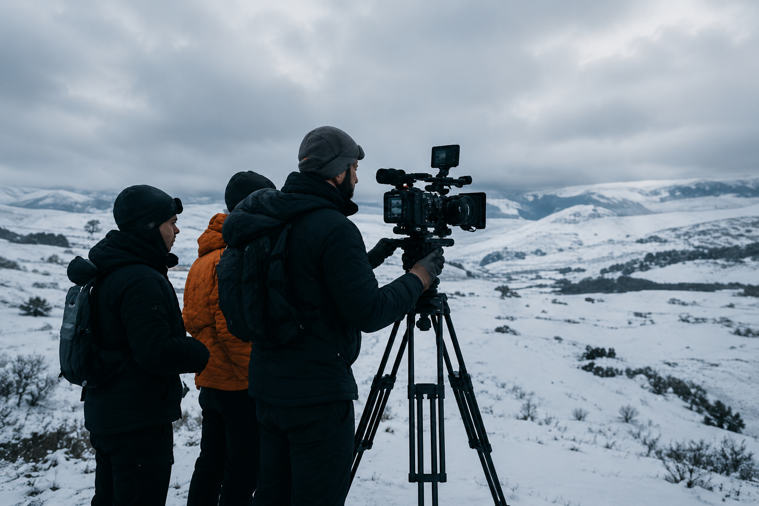 Camera crew filming in a snowy mountain landscape